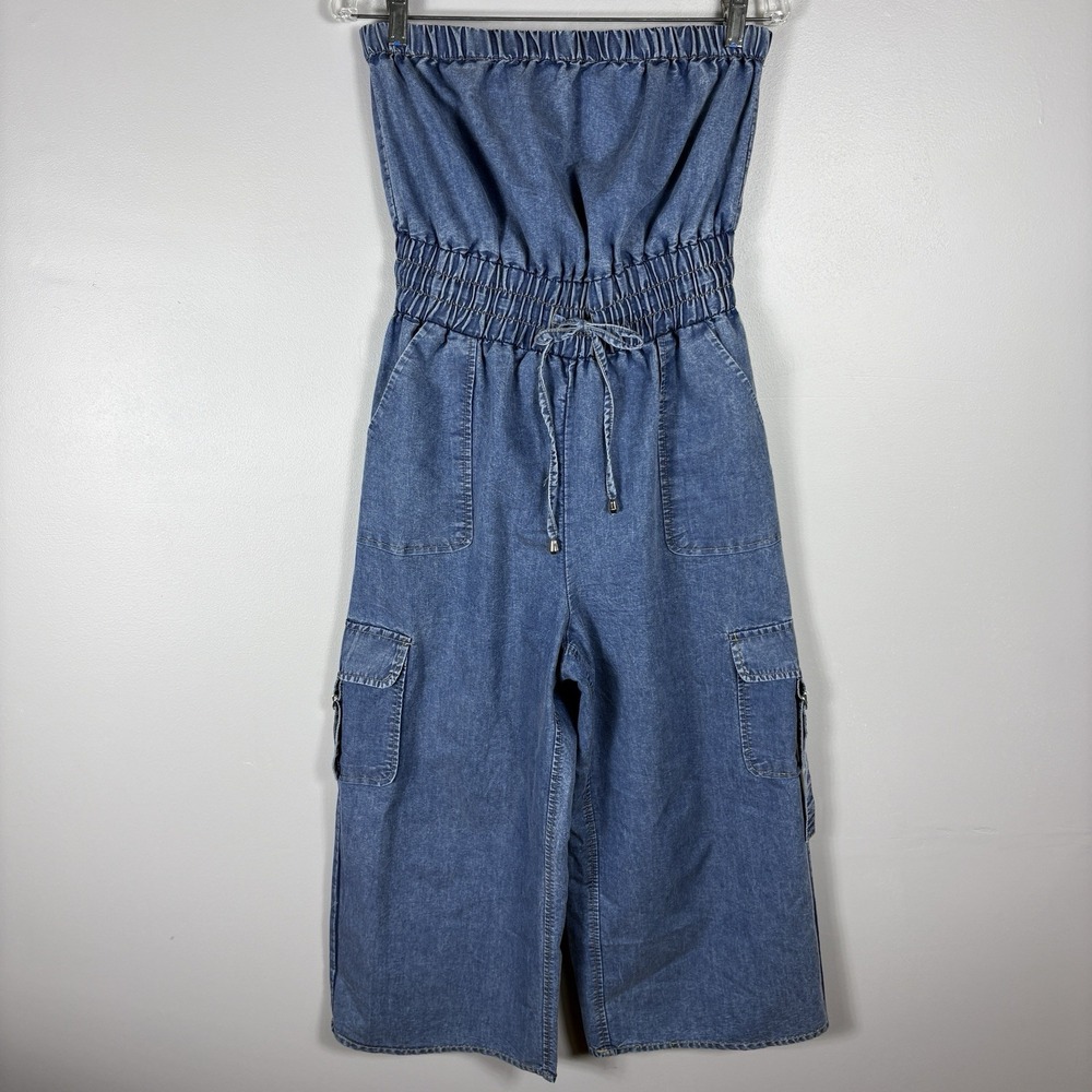 Hint Of Blush Medium Light Wash Denim Strapless Utility Streetwear Cargo Jumper